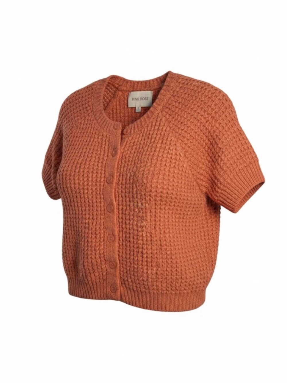 Pink Rose Waffle Knit Short Sleeve Cardigan Sweater Coral Cropped Top Size M
